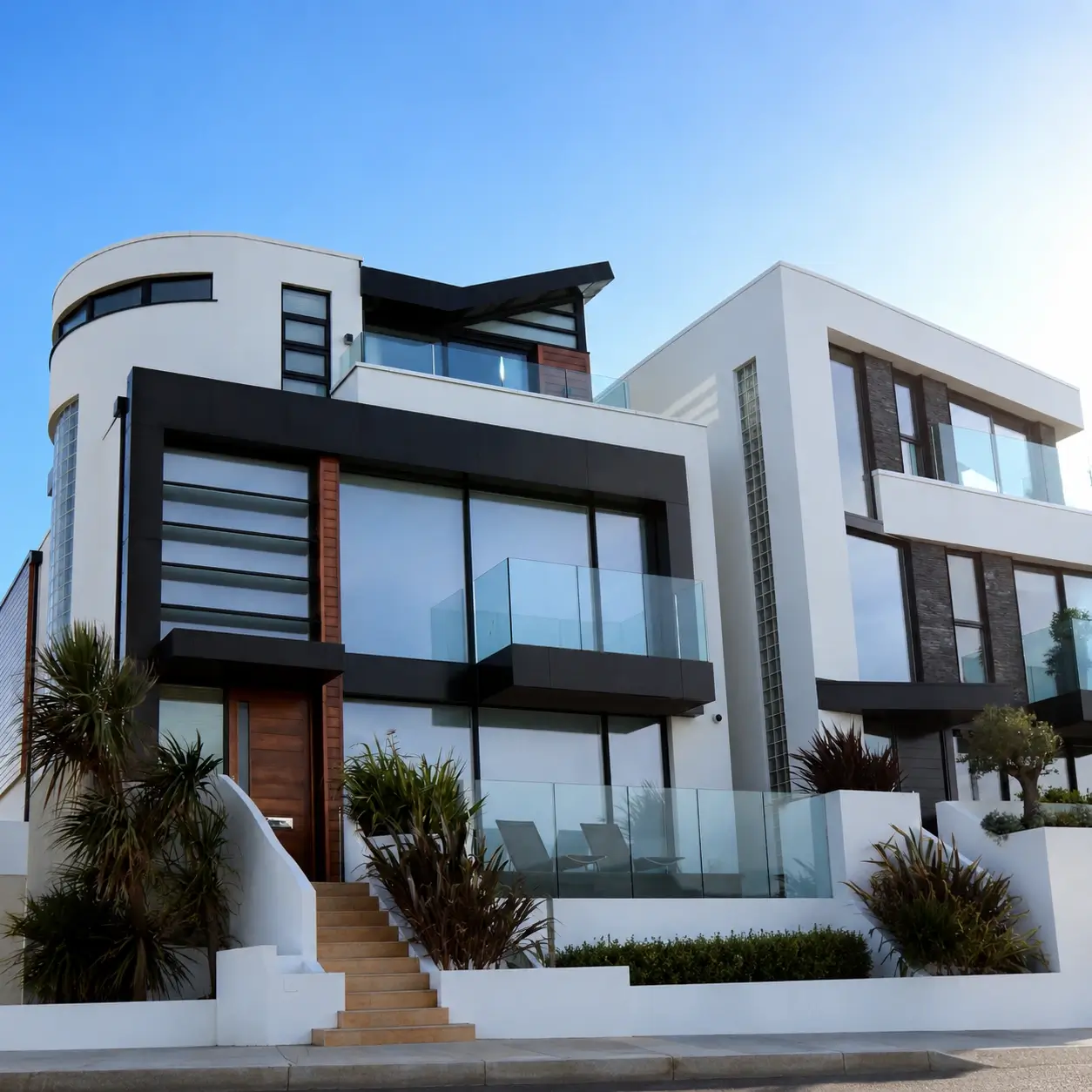Large Modern White home with glass windows and balconies, in Pembroke Pines, Florida