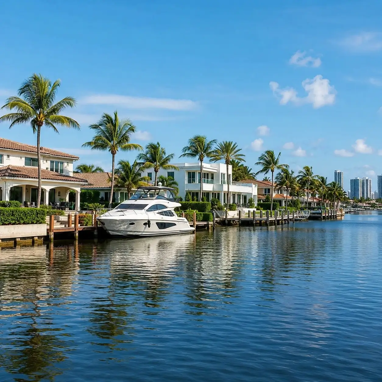 Golden Isle in Hallandale Beach Florida featuring sea front homes with sail boats and palm trees