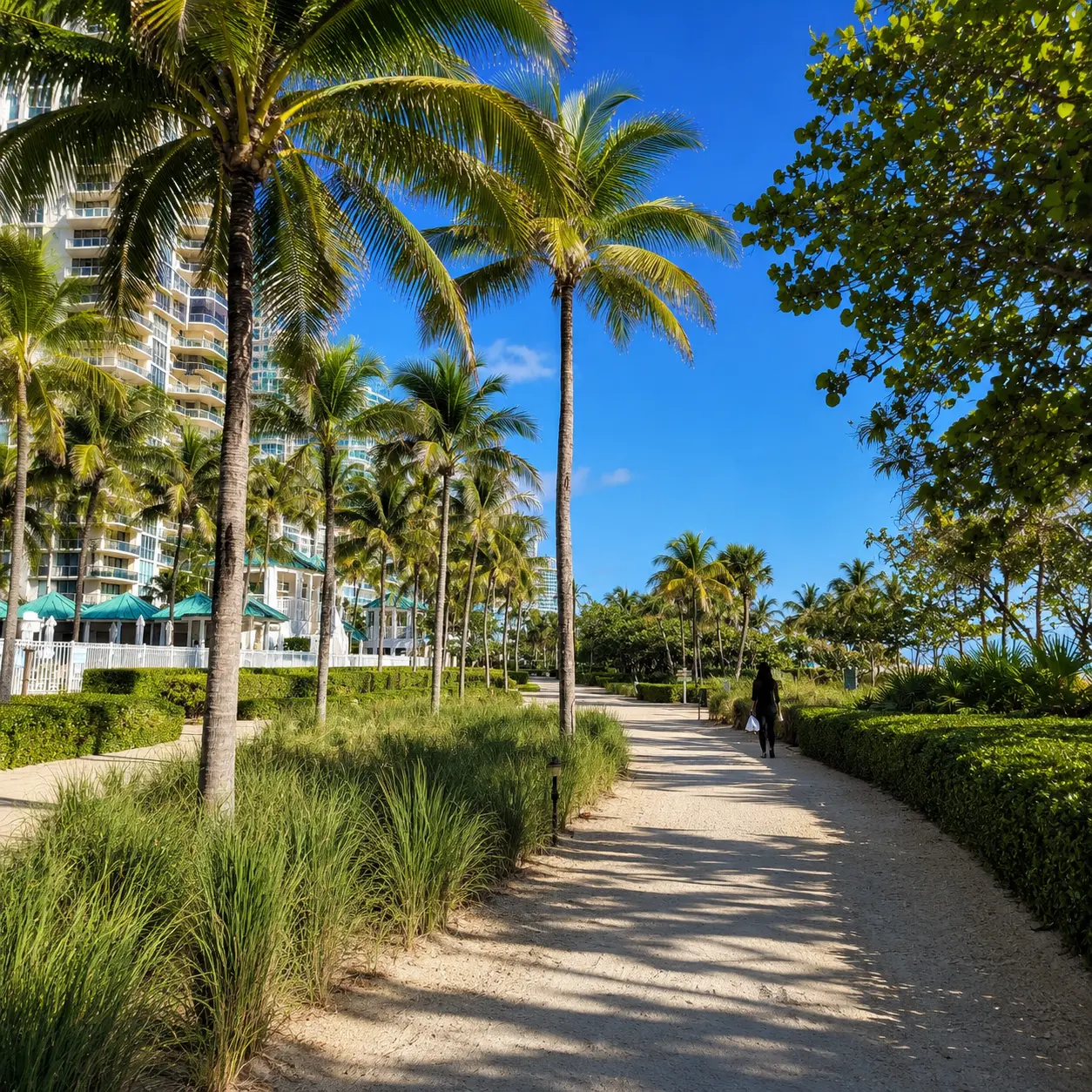 Palm-lined sidewalk in a sunny Florida residential community of Golden Lakes with lush landscaping and a clear blue sky.