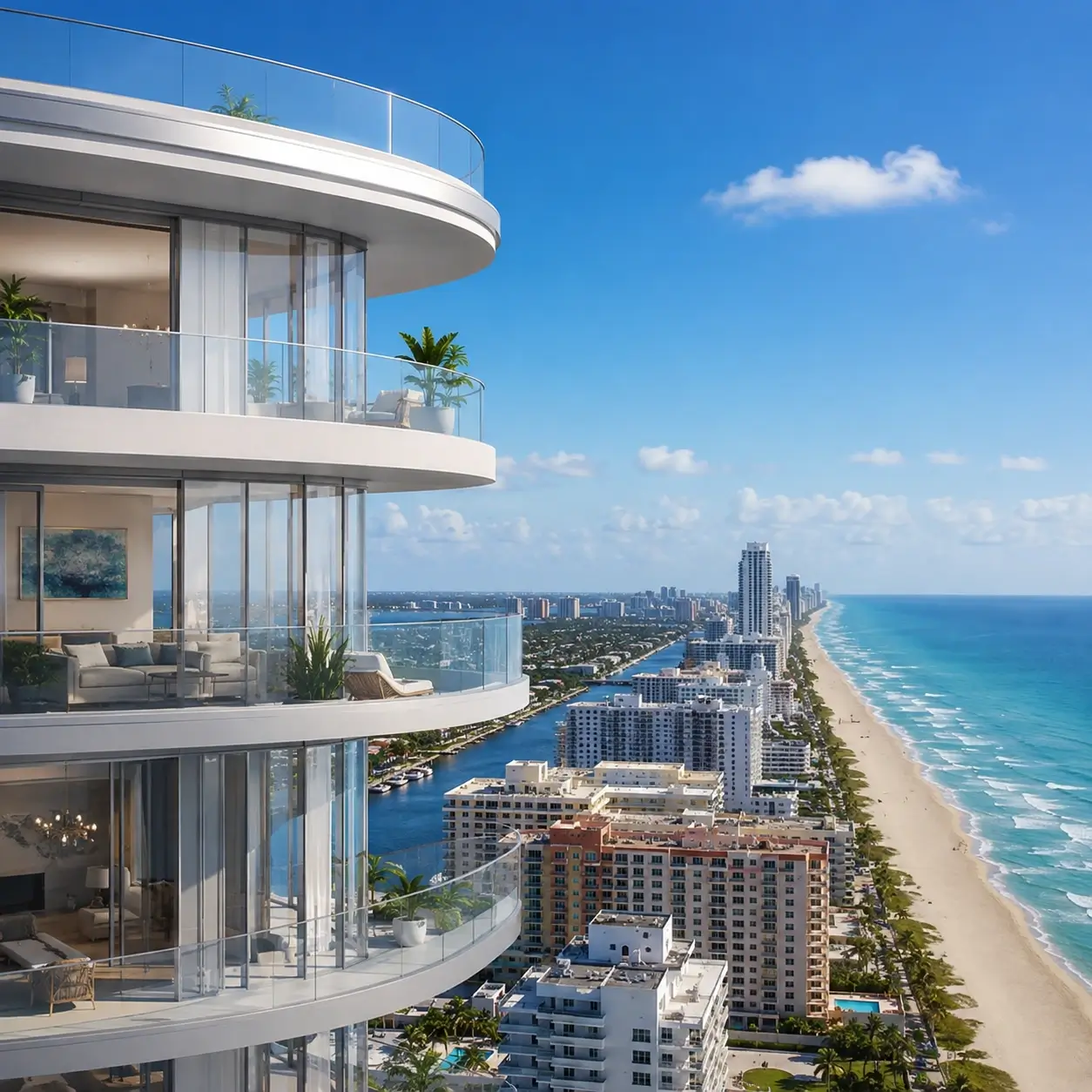 Modern Apartment view over looking Hallandale Oak, with glass balconies
