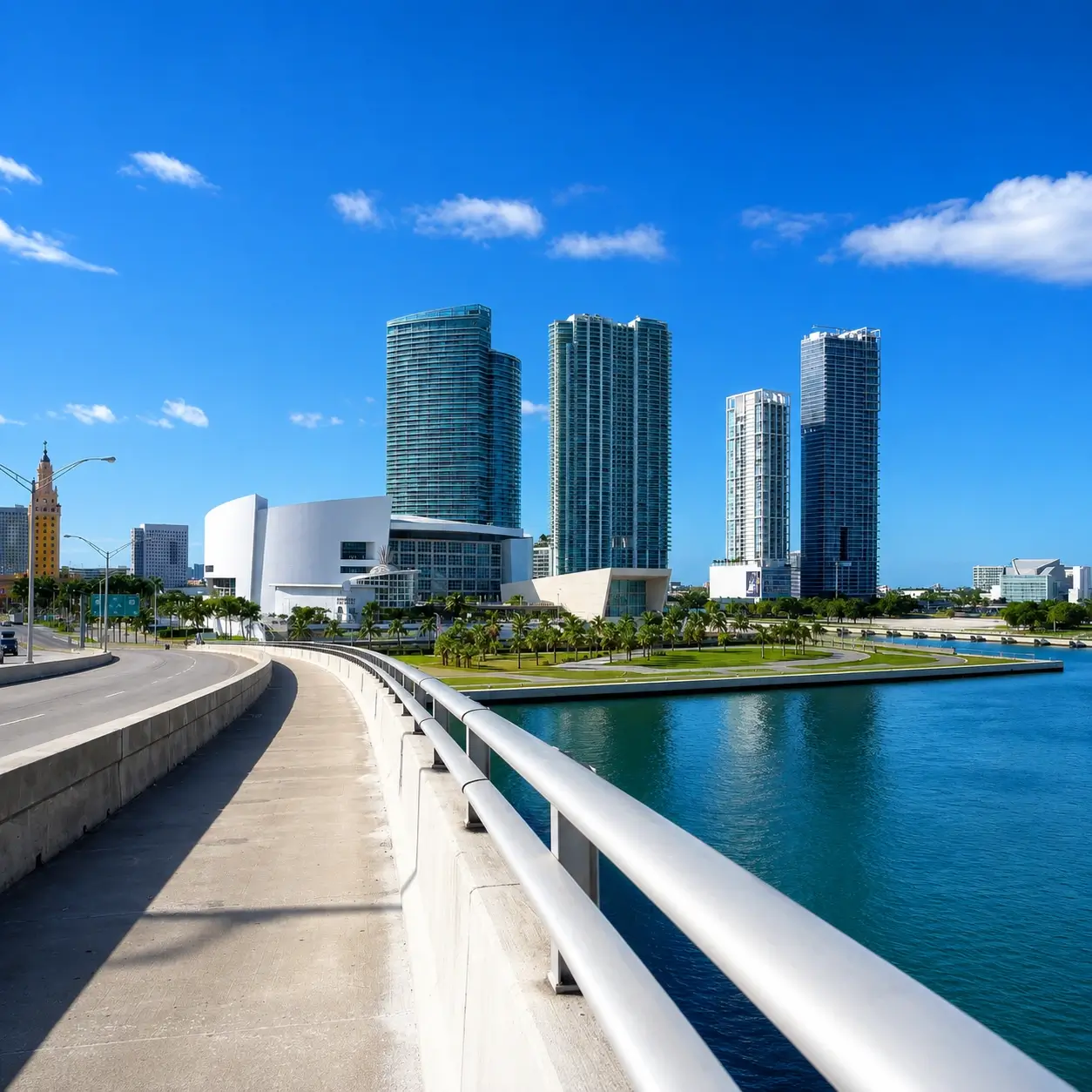 Bridge heading over the sea and city buildings in the background against a deep blue sky in Kensington, Coral Springs, Fl