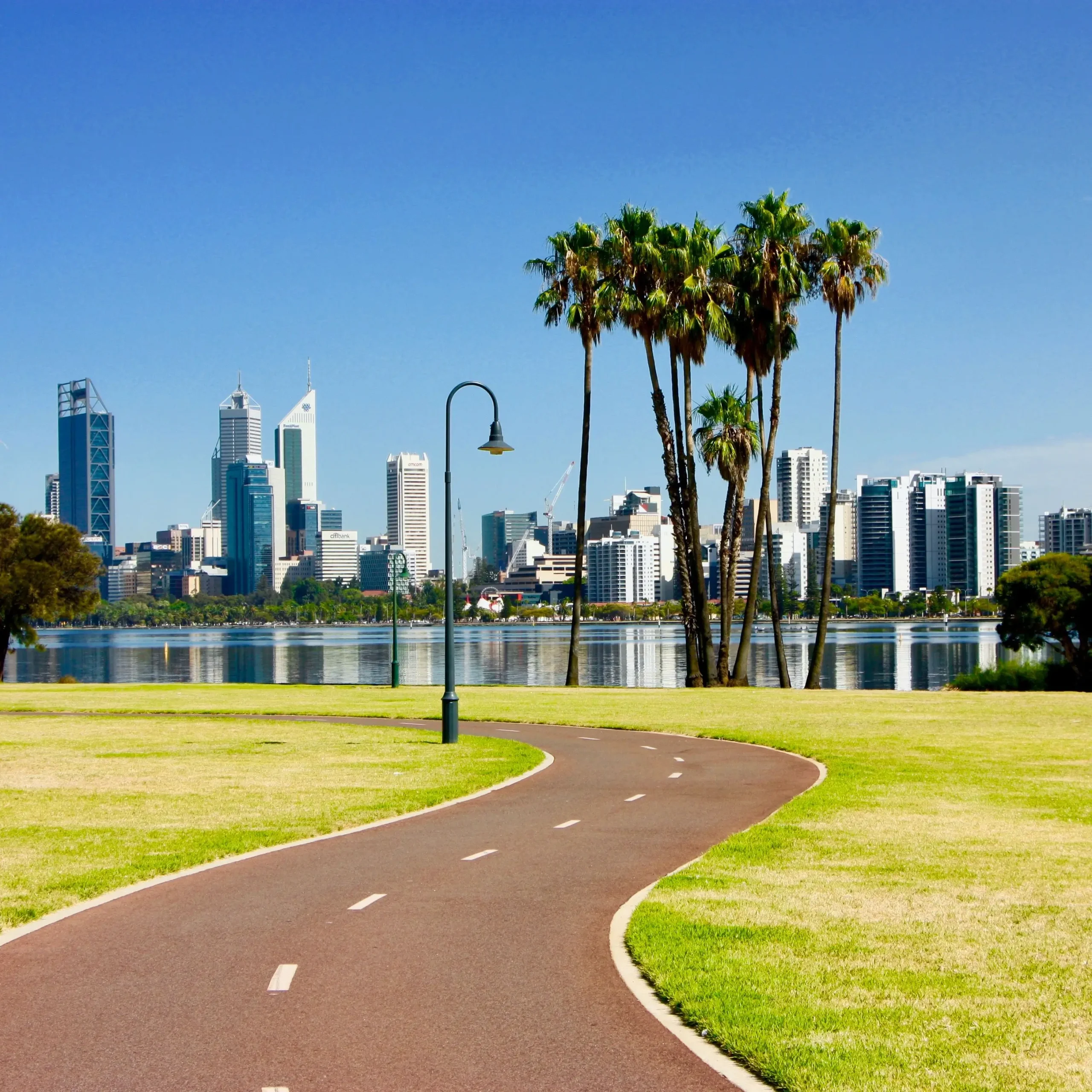 Norland Town in Miami Gardens, fl featuring a grass scene with a brown path leading towards a city centre. Blue sky and palm trees backed by tall buildings