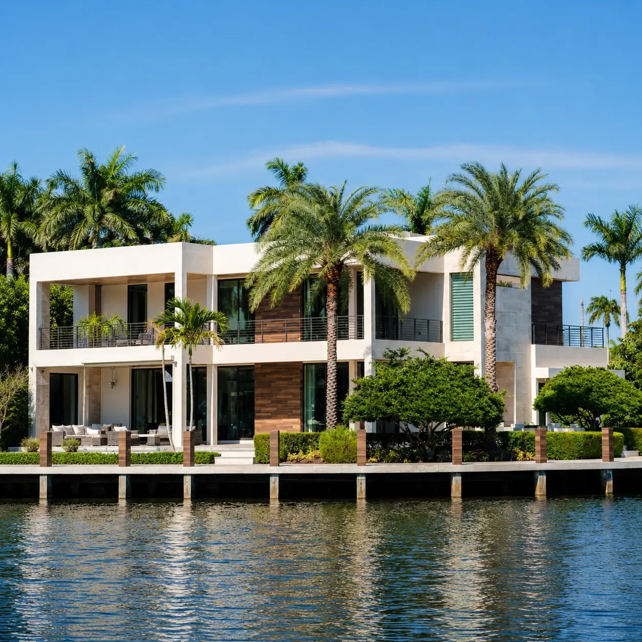 Modern 2 Story white home on the edge of a river surrounded by Palm Trees in Pembroke Falls, Fl