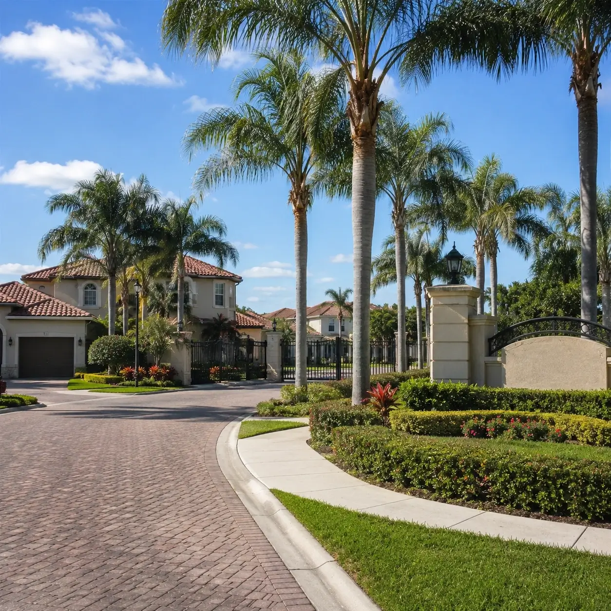 Family Neighbourhood of Ramblewood in Coral Springs, Fl Featuring tall palm trees, on a sunny clear day and large family homes