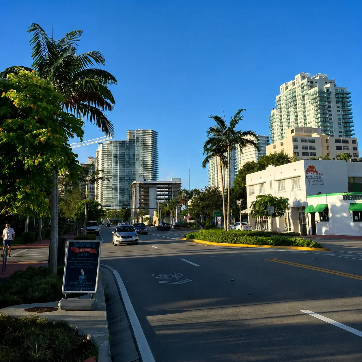 Street in Riviera Isles featuring palm trees, deep blue sky and apartment buildings, in Miramar Fl