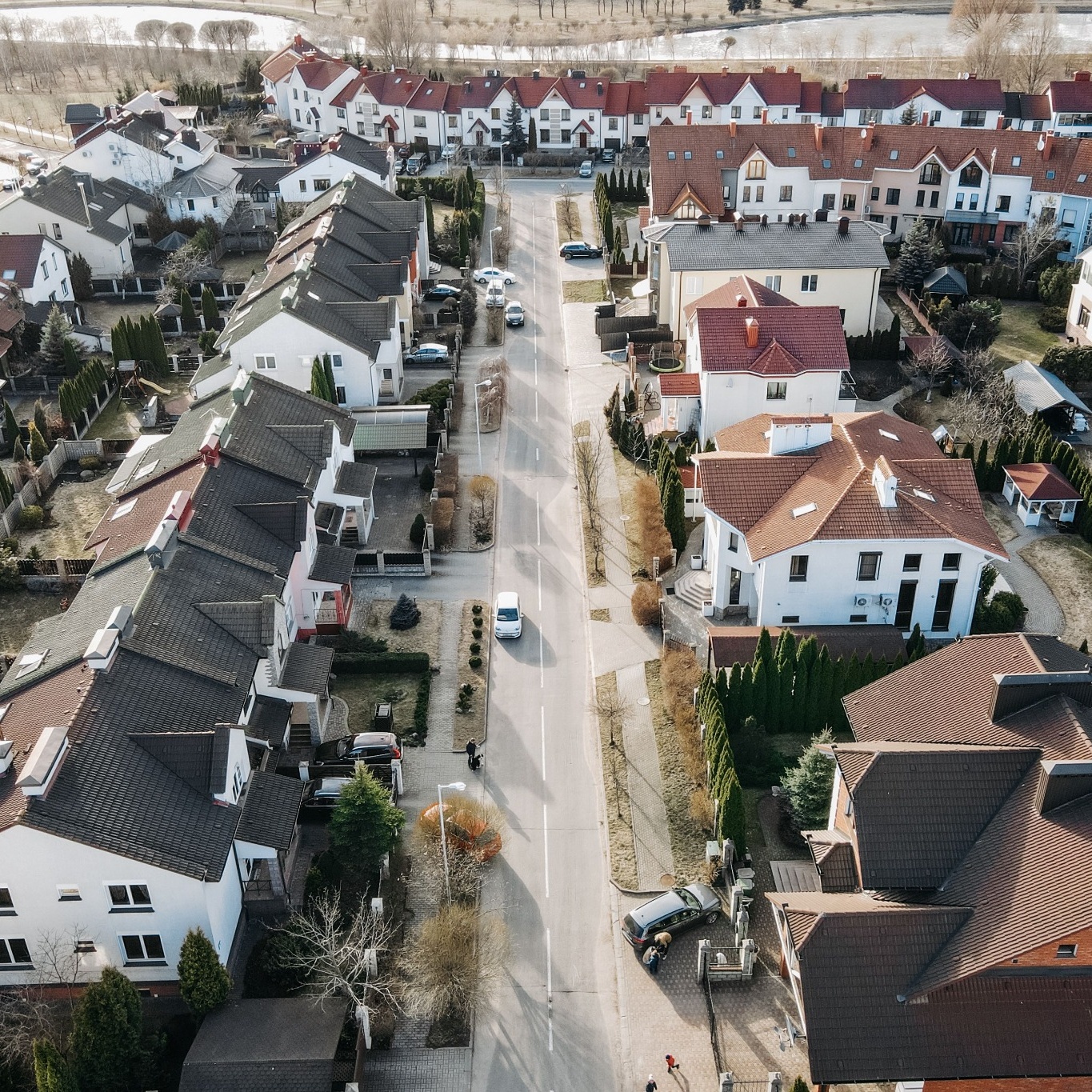 Aerial view of a street with single family homes in West Hialeah, Fl