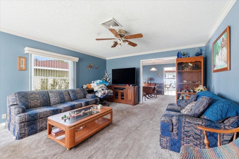 Blue and brown coloured living room in East Heron, FL