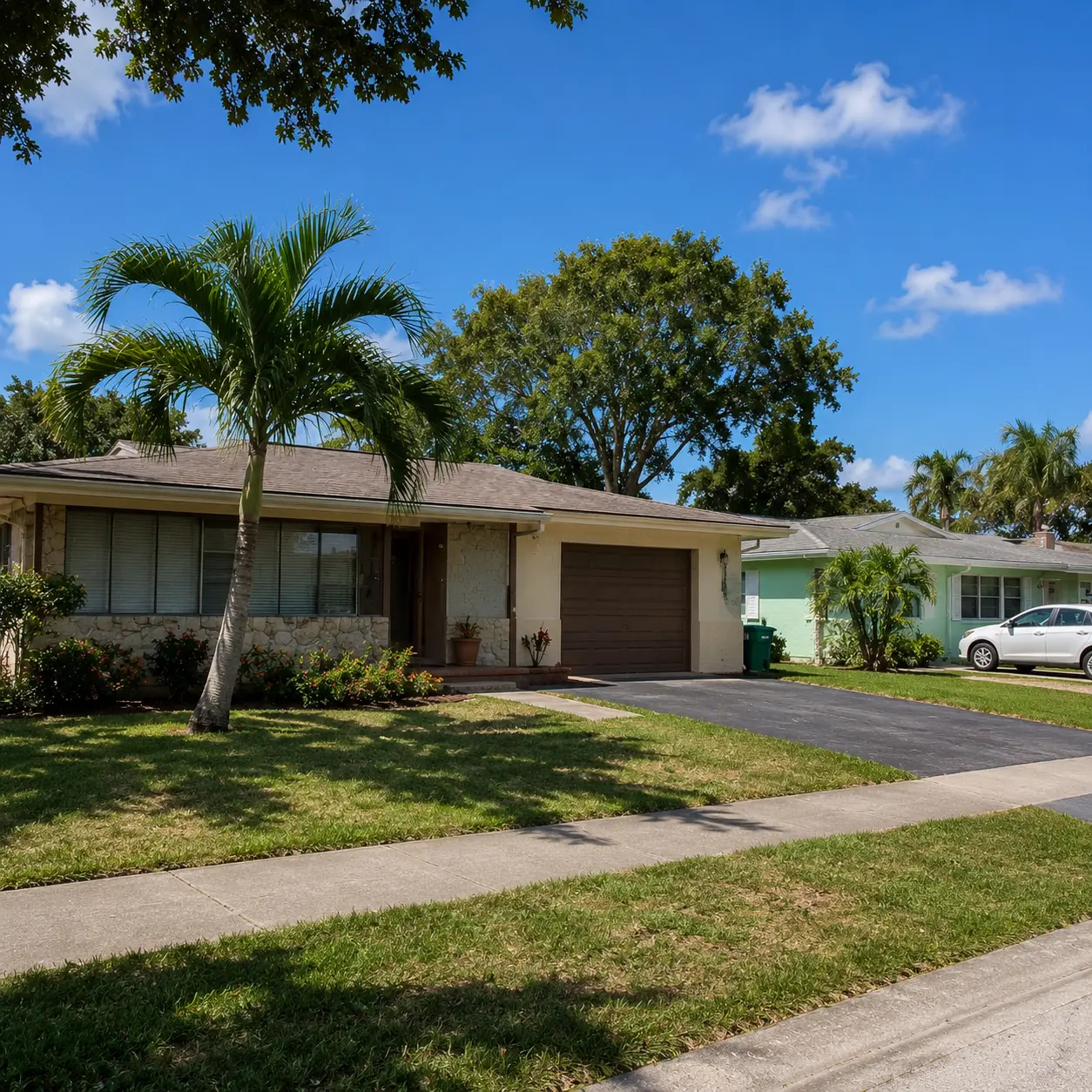 Single-story stone-front home with a palm tree and driveway in Cathedral Square, Margate, FL.