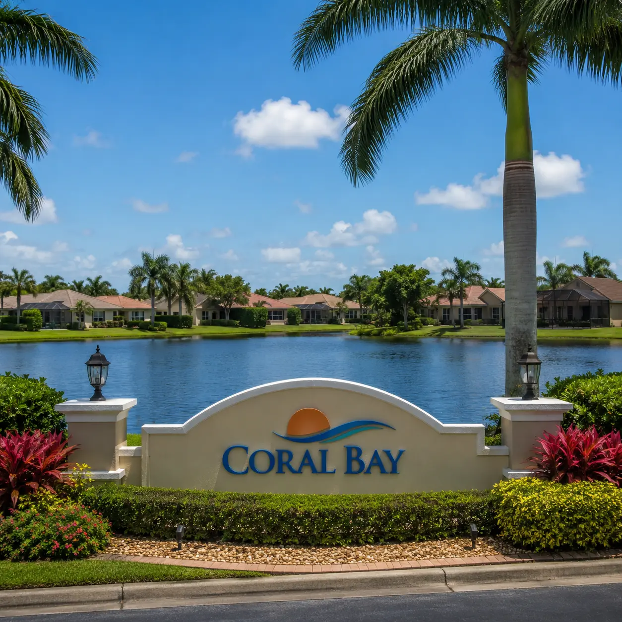Coral Bay entrance sign in Margate, FL, with a lakefront view of palm trees and waterfront homes.