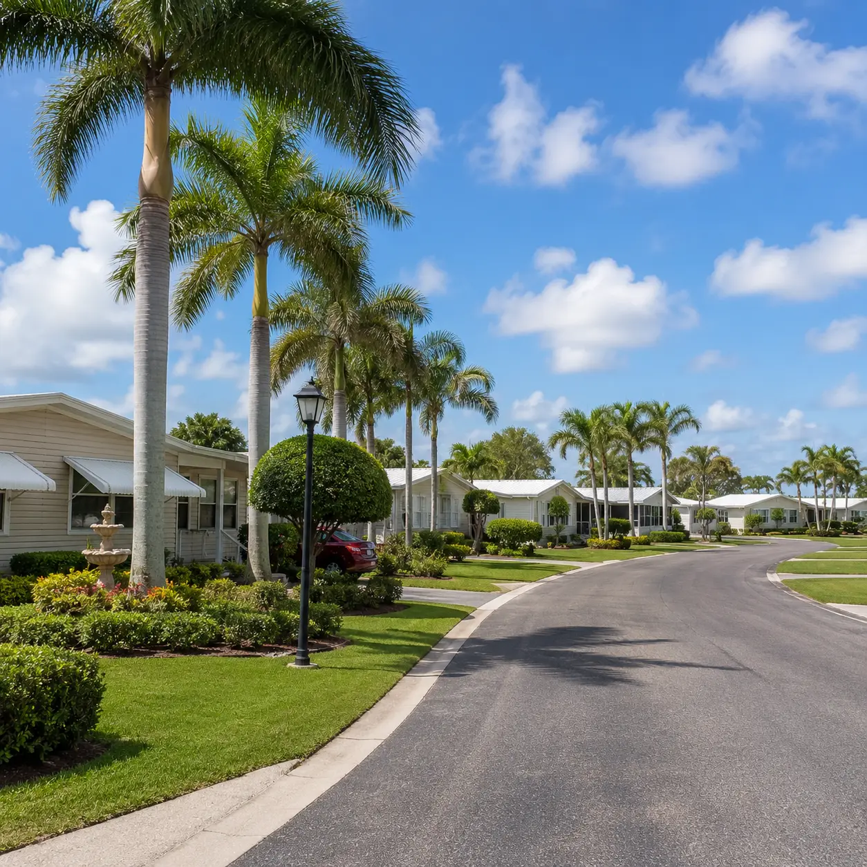 Tree-lined street of white cottage-style homes with palm trees and a fountain in Coral Cay Plantation, Margate, FL.