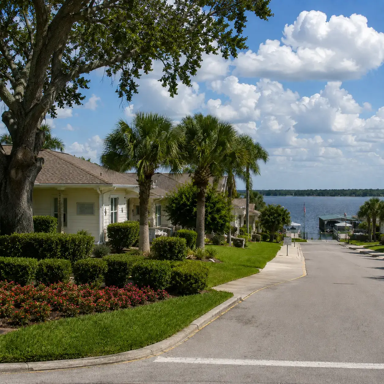 Palm-lined lakeside street with single-story homes and boat dock at Cresswind at Lake Harris, Leesburg