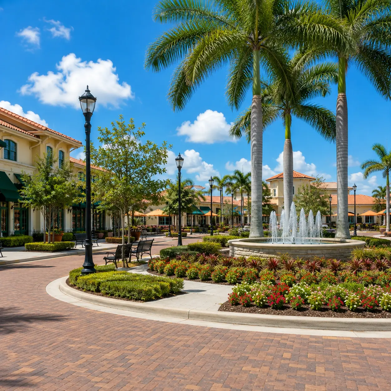 Forest Ridge community plaza in Davie, FL, with a central fountain, palm trees, and Mediterranean-style shops along a paved walkway.