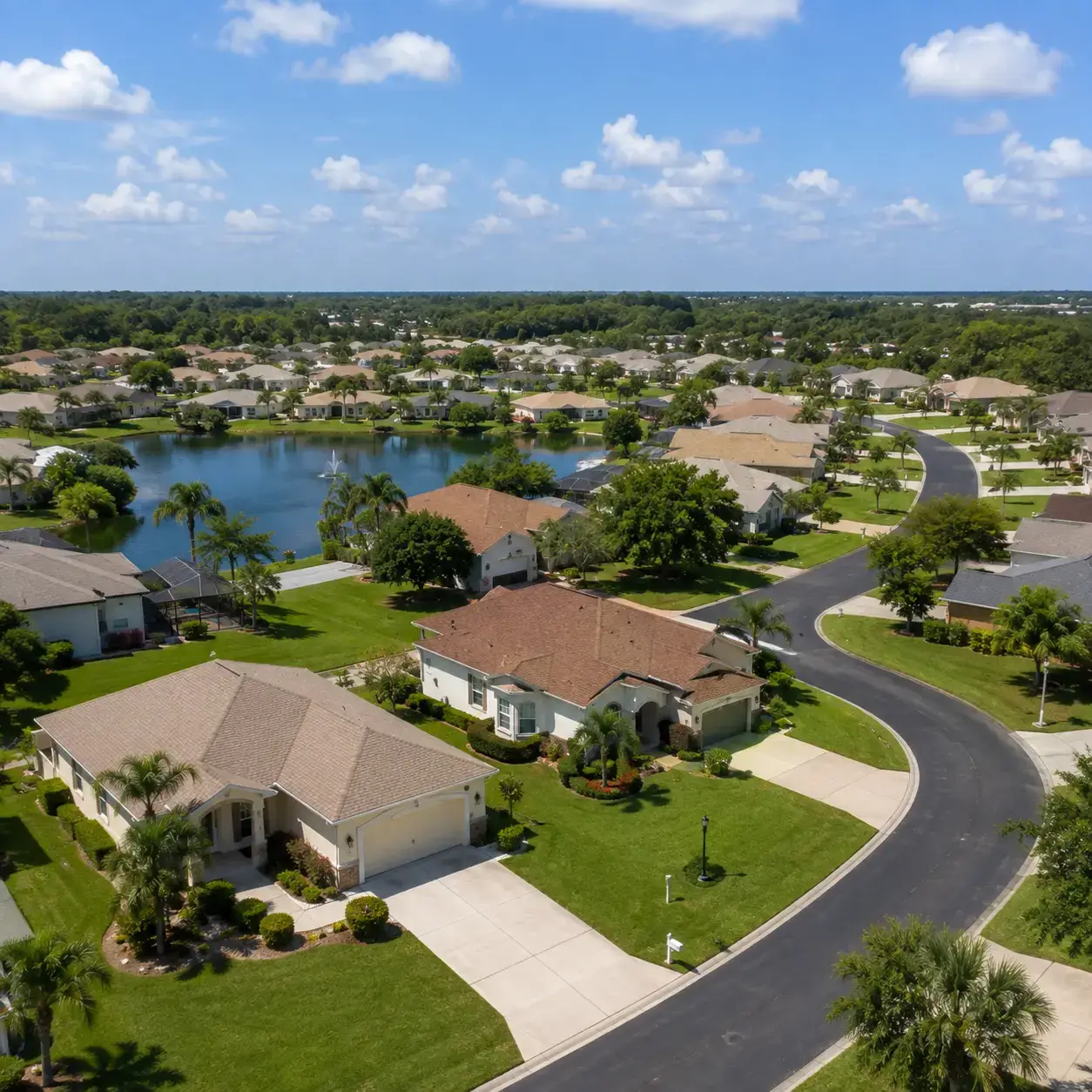 Aerial view of a lakefront residential community with single-story homes in Highland Lakes, Leesburg