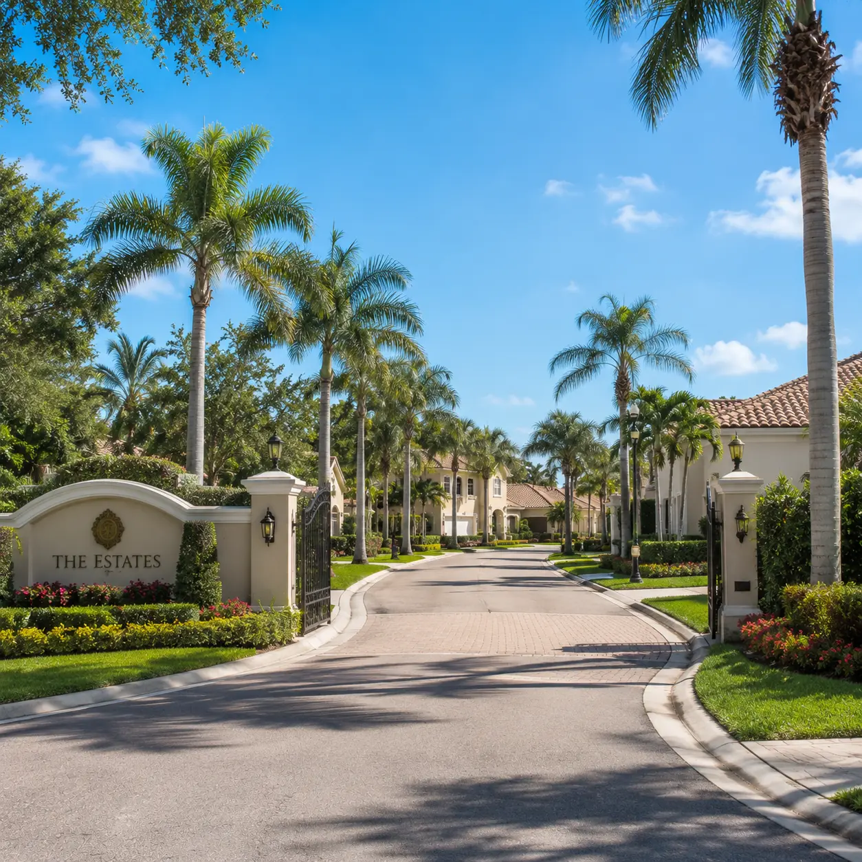Entrance way to Ivanhoe Estates featuring highclass family homes surrounded by palm trees in Davie, FL