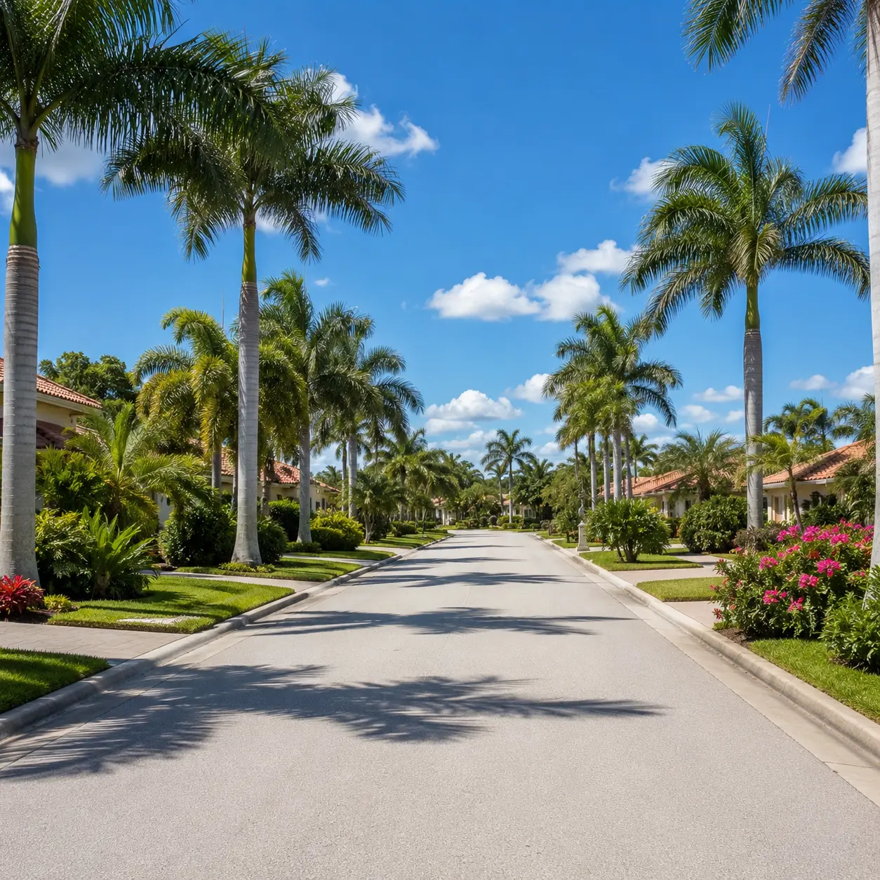 Palm tree-lined residential street in Long Lake Ranches / Long Lake Estates, Davie, FL, with manicured lawns and tile-roofed homes.