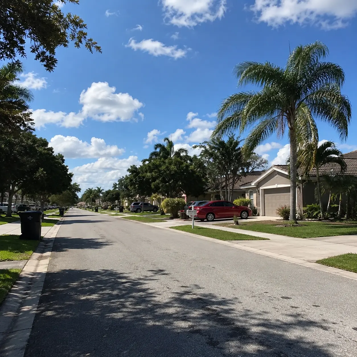 Suburban street in Oak Hill Village / Royal Palm Trail, Davie, FL, with a parked red car, palm trees, and single-story homes.