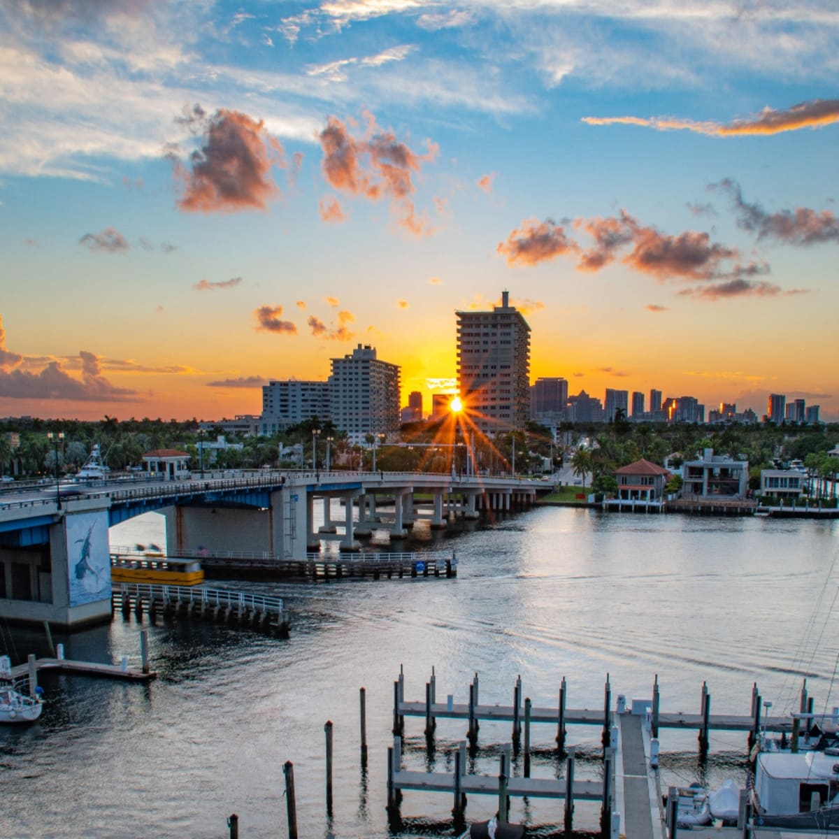 Sunset over a drawbridge and waterfront skyline near Old Riomar, Vero Beach