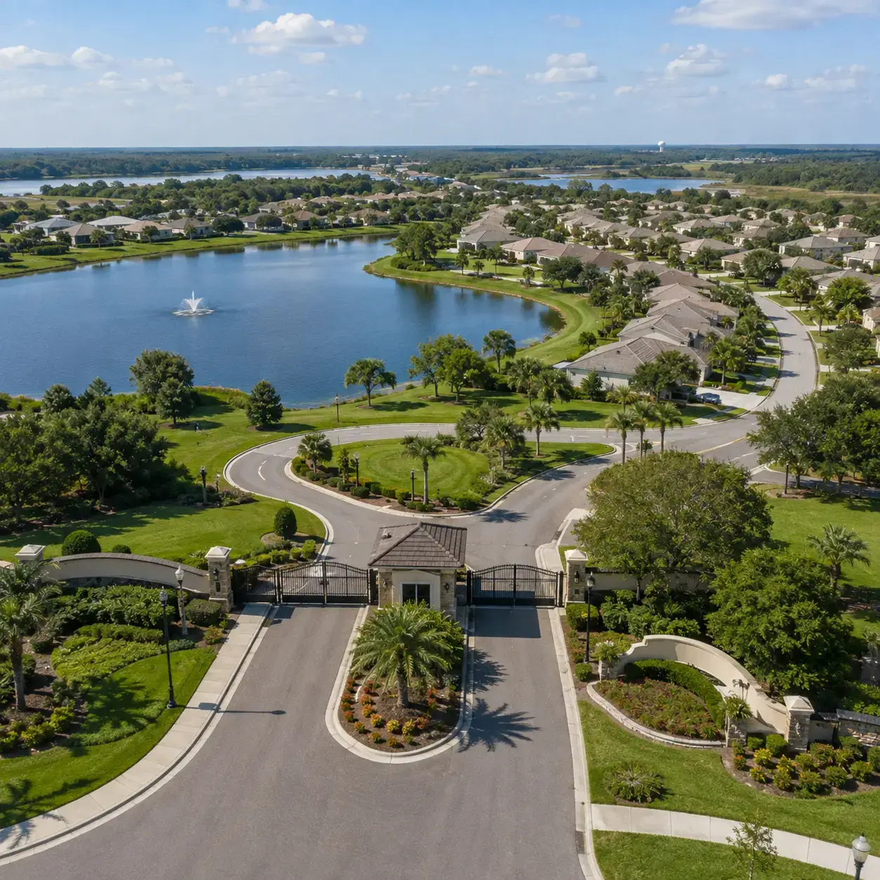 Aerial view of a gated entrance and lakefront community in Royal Highlands, Leesburg