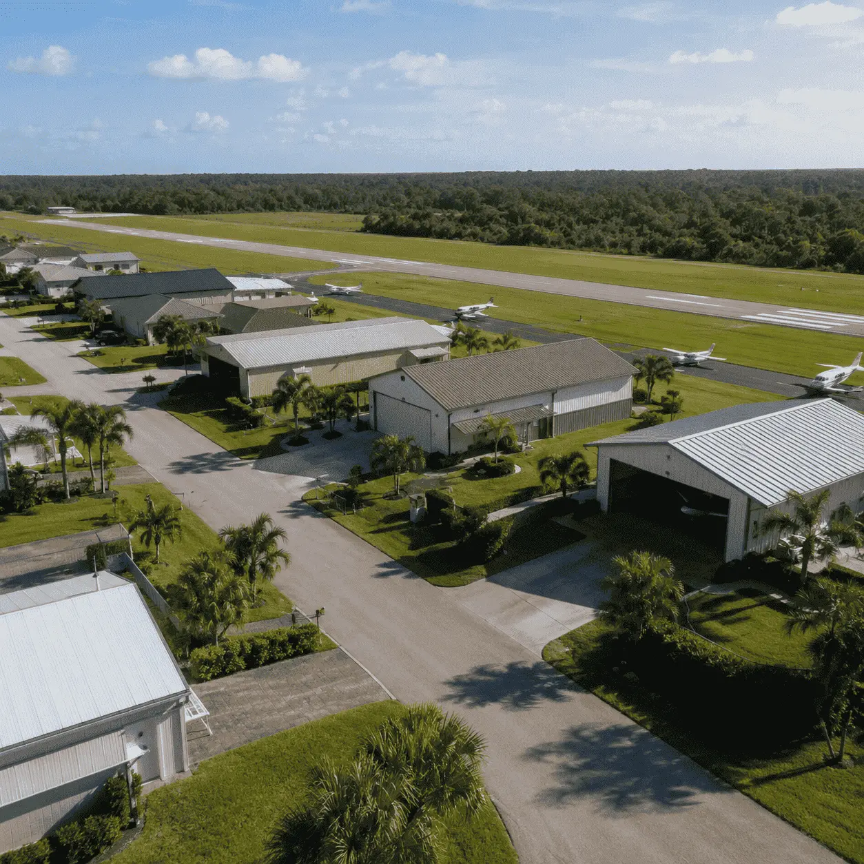 Aerial view of homes with private aircraft hangars along the runway at Spruce Creek Fly-In, Port Orange
