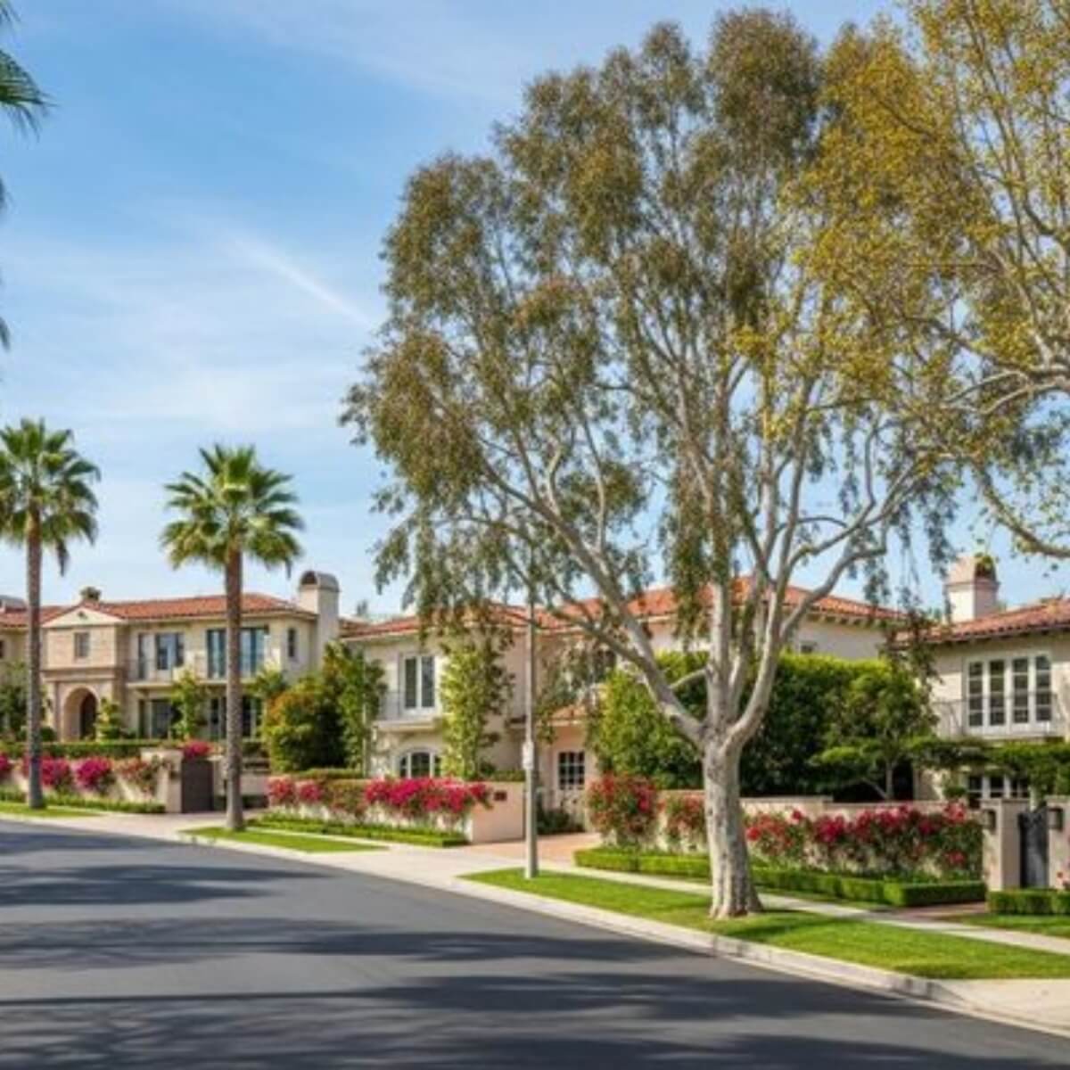 Tree-lined street with Mediterranean-style mansions in the West Delray gated corridor